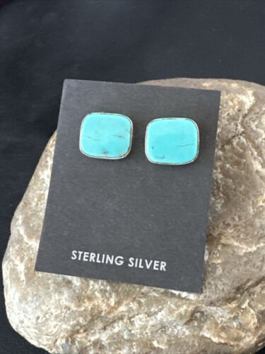 Navajo Blue Kingman Turquoise Post Stud Earrings | Sterling Silver | Authentic Native American Handmade | 17481