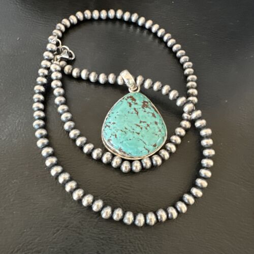 Men's Navajo Blue Spiderweb Turquoise Pendant Necklace | Sterling Silver | Authentic Native American Handmade | 16229