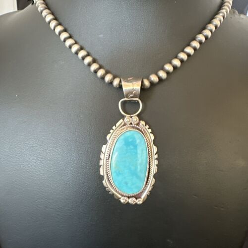 Navajo Pearls Kingman Turquoise Pendant Necklace | Sterling Silver | Authentic Native American Handmade | 17133