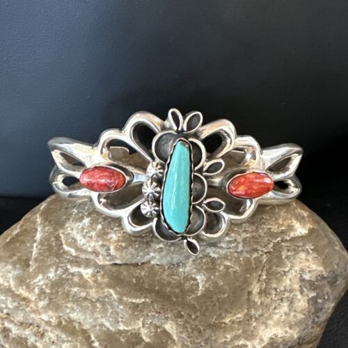 Navajo Kingman Turquoise Spiny Cuff Bracelet | Sterling Silver Tufa Cast | Authentic Native American Handmade | 16775