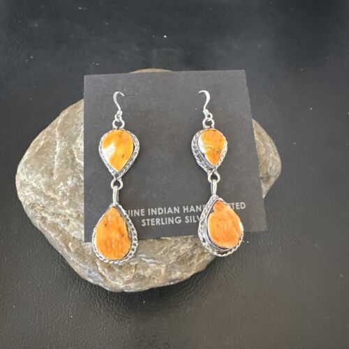 Navajo Orange Spiny Oyster Dangle Earrings | Sterling Silver | 1.5" | Authentic Native American Handmade | 16562