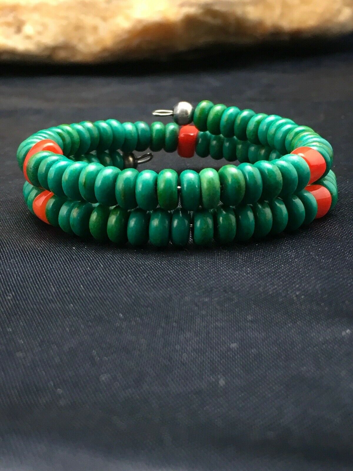 Native American Sterling Silver Bracelet | Coral & Green Turquoise | Handmade Southwestern Jewelry | 1075