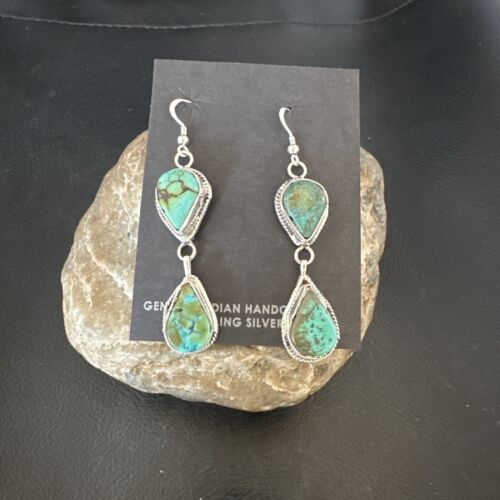 Navajo Green Royston Turquoise Dangle Earrings | Sterling Silver | Authentic Native American Handmade | 16495