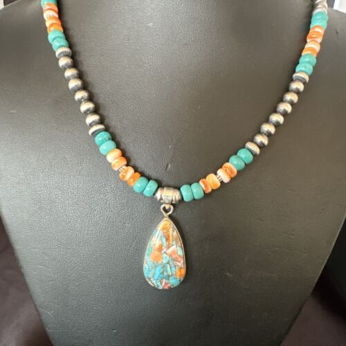 Navajo Spiny Turquoise Pendant Necklace | Sterling Silver | 21" | Authentic Native American Handmade | 17519