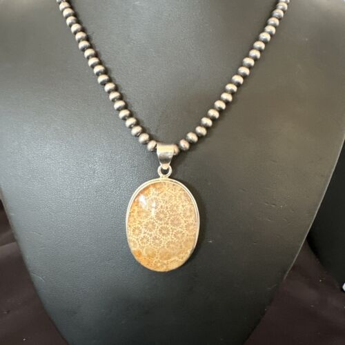 Navajo Champagne Fossil Coral Pendant Necklace | Sterling Silver Beads | Authentic Native American Handmade | 16370