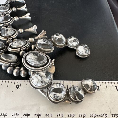 Navajo White Buffalo Turquoise Squash Blossom Necklace & Earrings | Sterling Silver | 16547