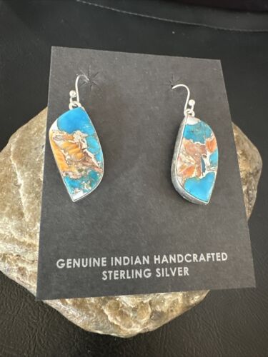 Navajo Blue Turquoise & Orange Spiny Oyster Inlay Dangle Earrings | Sterling Silver | 15585
