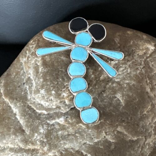 Navajo Blue Kingman Turquoise Dragonfly Inlay Pin Pendant | Sterling Silver | Authentic Native American Handmade | 15169