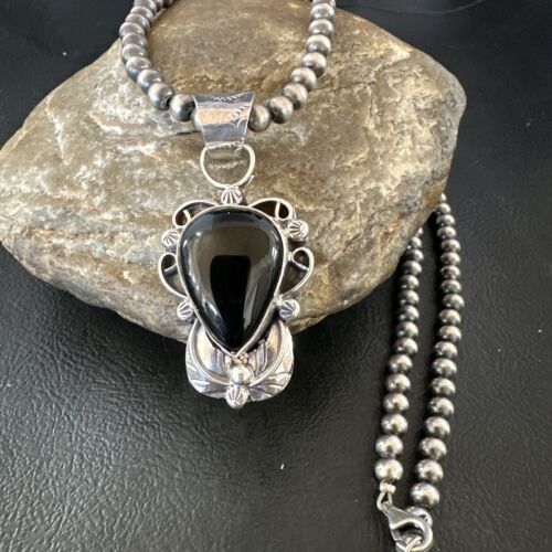 Navajo Pearls Black Onyx Necklace Pendant | Sterling Silver | Authentic Native American Handmade | 16532