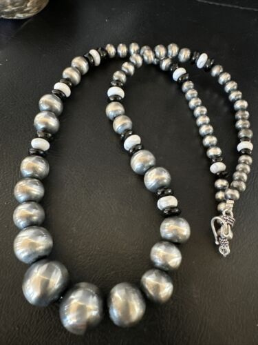 Navajo Pearls Graduated Sterling Silver Black Onyx White Bead Necklace 24" | Handmade Jewelry | 17584 | 17584