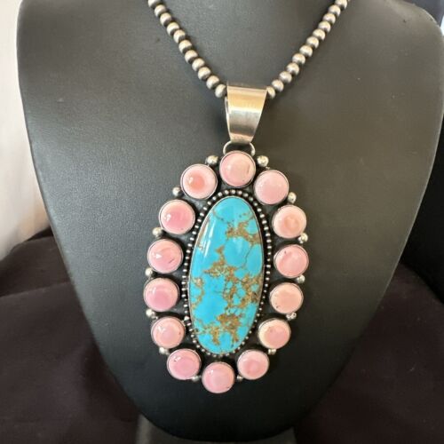 XXL Pink Conch Naja Pendant | Blue Turquoise | Navajo Sterling Silver Necklace 21" | Multi-Stone | 17426