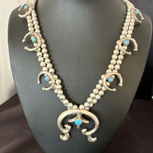Navajo Blue Turquoise Naja Pendant Squash Blossom Necklace | Sterling Silver | Authentic Native American Handmade | 16172