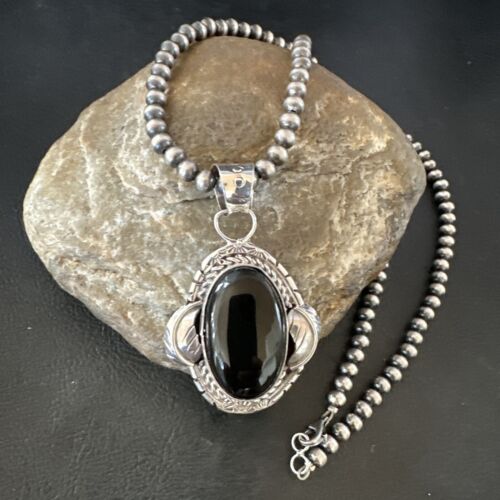 Navajo Pearls Black Onyx Necklace Pendant | Sterling Silver | Authentic Native American Handmade | 16533
