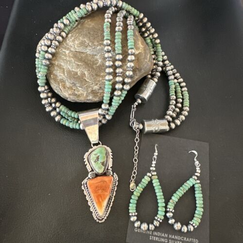 Navajo Royston Turquoise Spiny Pendant Set | Authentic Native American Sterling Silver | 3" | Handmade | 16813