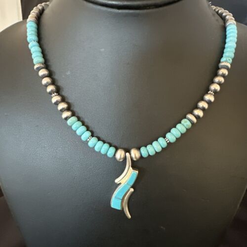 Navajo Blue Kingman Turquoise Inlay Pendant Necklace | Sterling Silver | 21" | Authentic Native American Handmade | 16931