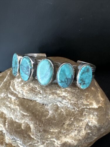 Women's Blue Turquoise 5-Stone Cuff Bracelet | Navajo Sterling Silver | Authentic Native American Jewelry | 16165