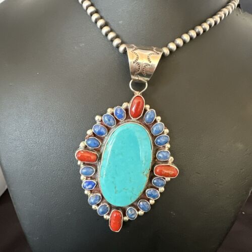 Navajo Blue Kingman Turquoise Coral Lapis Pendant Necklace | Sterling Silver | 17150