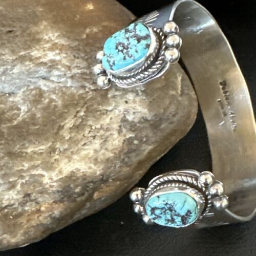 Kingman Turquoise Stamped Cuff Bracelet | Navajo Sterling Silver | Authentic Native American Handmade | 17461