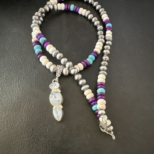 Navajo White Mother of Pearl, Turquoise, Sugilite Pendant Necklace | Sterling Silver | 16929