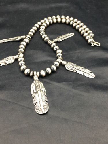 Navajo Pearls Feather Pendant Necklace | Sterling Silver | 16" | Authentic Native American Handmade | 17533