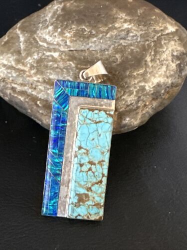 Men's Women's Blue #8 Turquoise Opal Inlay Pendant | Navajo Sterling Silver | 15198