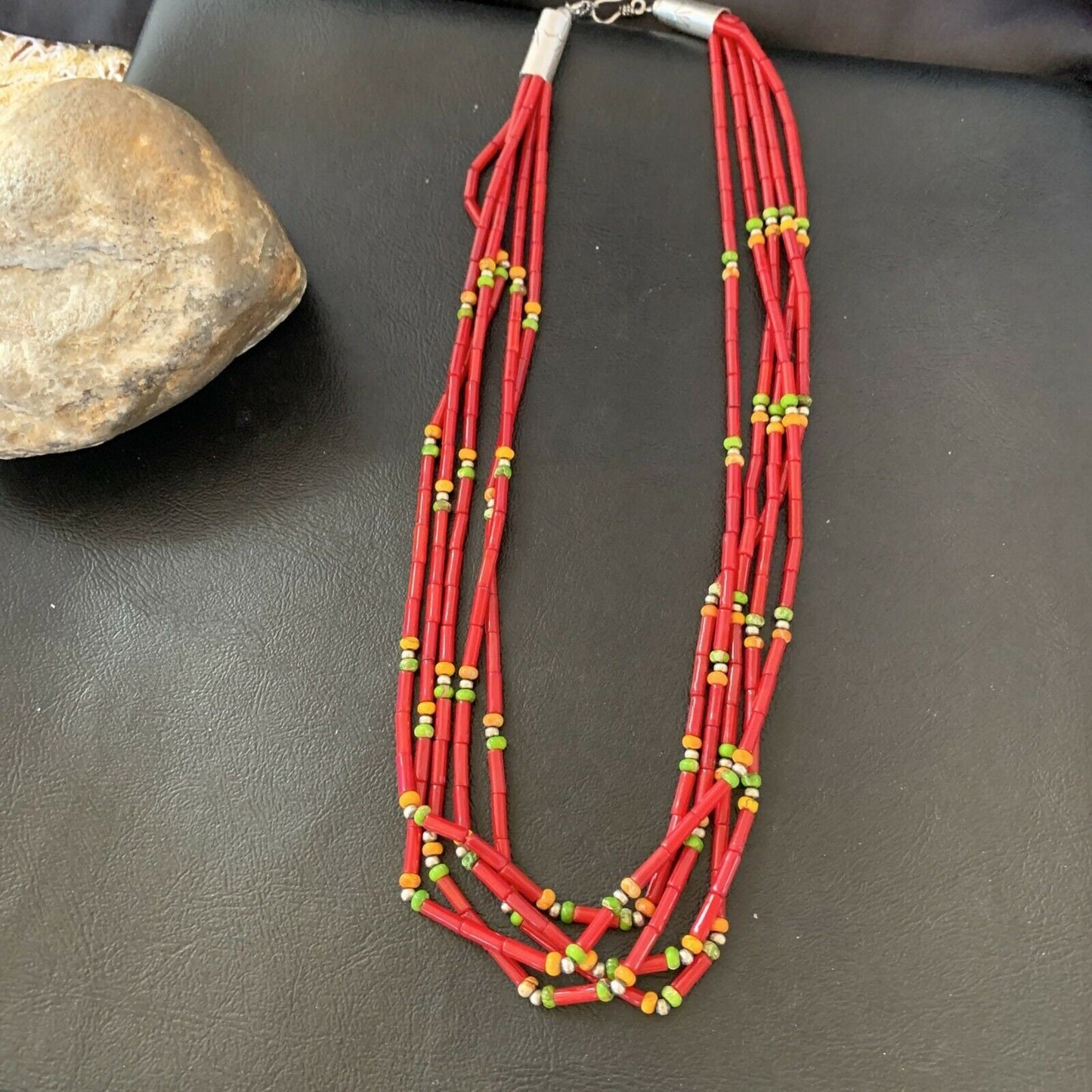 Navajo Red Coral Spiny Turquoise Bead Necklace with Pendant | Sterling Silver | 21" | 10923