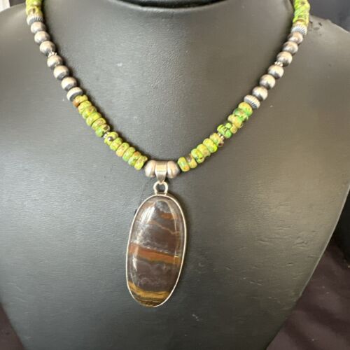 Navajo Green Turquoise Jasper Pendant | Sterling Silver Necklace | Authentic Native American Handmade | 17053