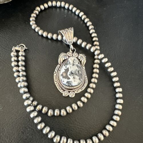 Navajo White Buffalo Turquoise Pendant Necklace | Sterling Silver | Authentic Native American Handmade | 17523