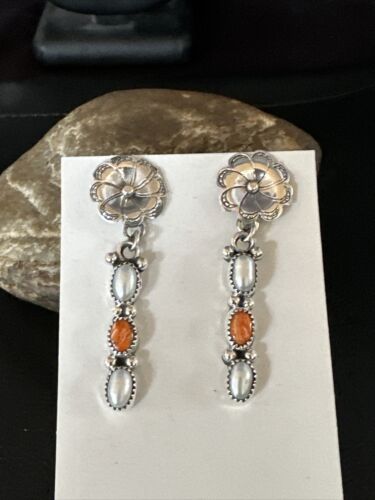 Navajo Orange Spiny Oyster Dangle Earrings | Sterling Silver Pearls | Authentic Native American Handmade | 15328
