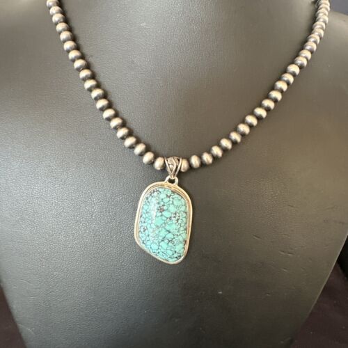 Men's Navajo Blue Spiderweb Turquoise Pendant Necklace | Sterling Silver | Authentic Native American Handmade | 16274