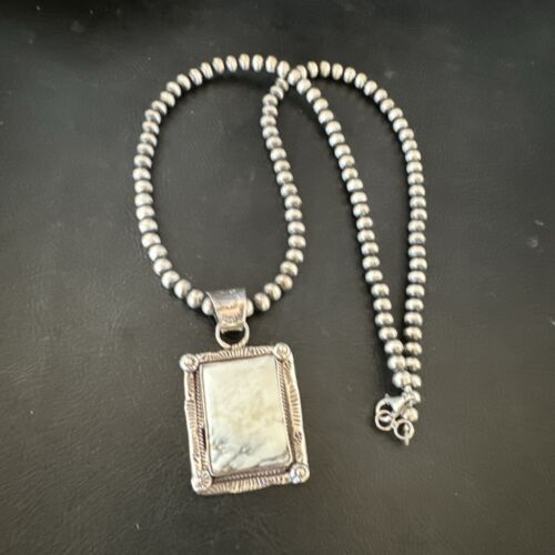 White Buffalo Turquoise Pendant | Navajo Pearls Sterling Silver Necklace | Authentic Native American Handmade | 17104