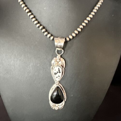 Navajo White Buffalo Turquoise Onyx Necklace Pendant | Sterling Silver | Authentic Native American Handmade | 15316