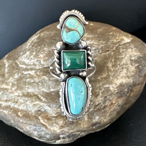 Navajo Blue Turquoise Malachite Cluster Ring | Authentic Native American Sterling Silver | Multi-Stone | Sz 10 | 17643