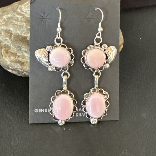 Navajo Pink Conch Shell Dangle Earrings | Sterling Silver | Authentic Native American Handmade | 17214