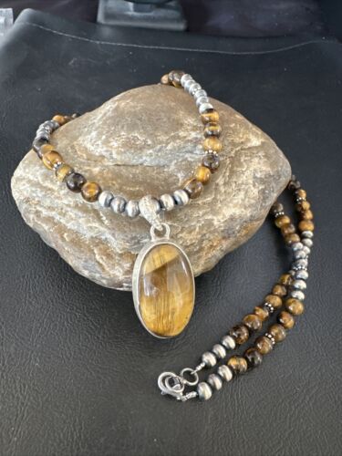 Navajo Coffee Tiger's Eye Pendant Necklace | Sterling Silver | 26" | Authentic Native American Handmade | 14886