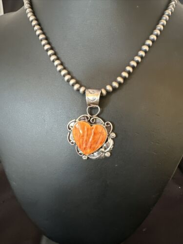 Navajo Orange Spiny Oyster Heart Pendant Necklace | Sterling Silver | Authentic Native American Handmade | 16423