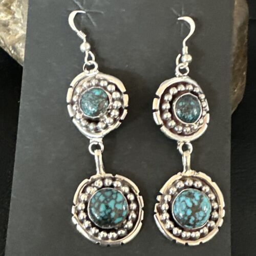 Navajo Blue Spiderweb Turquoise Dangle Earrings | Sterling Silver | Authentic Native American Handmade | 16010