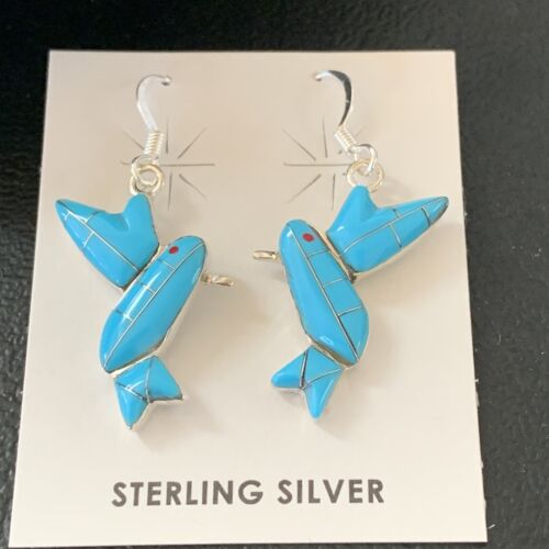Navajo Blue Turquoise Hummingbird Earrings | Sterling Silver | 1" | Authentic Native American Handmade | 01424
