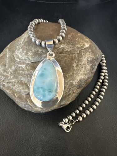 Navajo Blue Larimar Pendant Necklace | Sterling Silver Beads | Authentic Native American Handmade | 17567