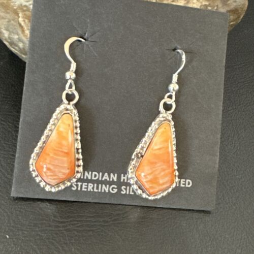 Navajo Orange Spiny Oyster Dangle Earrings | Sterling Silver | Authentic Native American Handmade | 17264