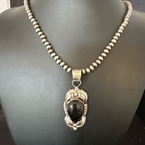 Native American Men's Pendant | Navajo Pearls | Sterling Silver Black Onyx Necklace | 16132