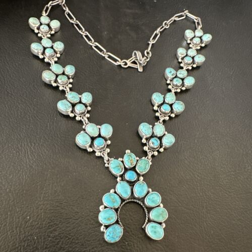 Navajo Blue Kingman Turquoise Squash Blossom Necklace | Sterling Silver | Authentic Native American Handmade | 16829