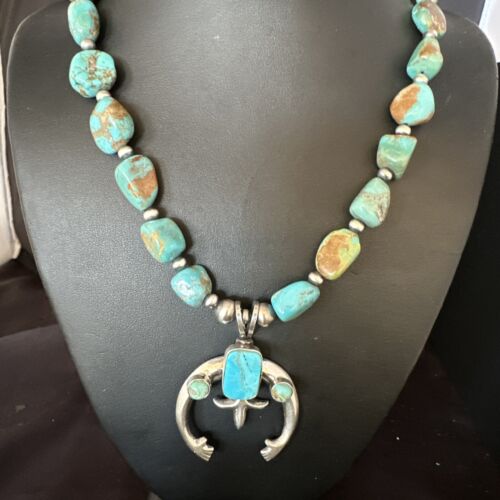 Navajo Blue Turquoise Naja Pendant Necklace | Sterling Silver | Authentic Native American Handmade | 15205