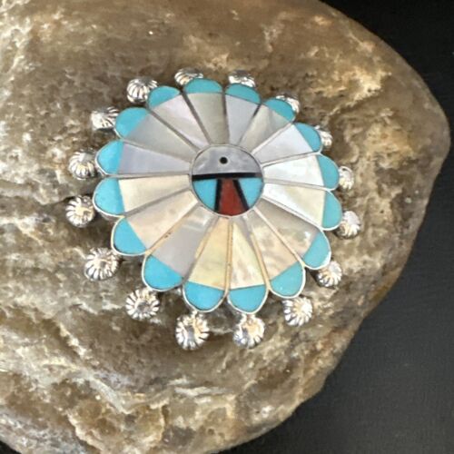 Zuni Sunface Inlay Turquoise Mother of Pearl Pin Pendant | Sterling Silver | Authentic Native American Handmade | 15208