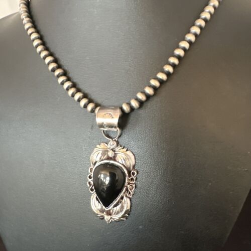 Native American Men's Pendant | Navajo Pearls | Sterling Silver Black Onyx Necklace | 16129