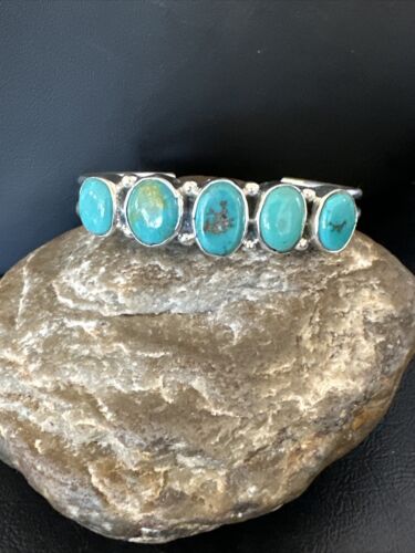 Women's Blue Turquoise 5-Stone Cuff Bracelet | Navajo Sterling Silver | Authentic Native American Jewelry | 16278