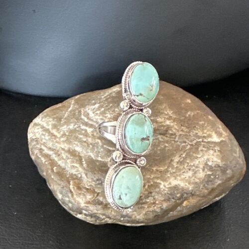Navajo Blue Dry Creek Turquoise 3-Stone Ring | Authentic Native American Sterling Silver | Multi-Stone | Sz 11 | 16734
