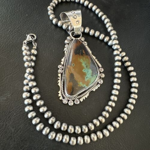 Men's Navajo Green Turquoise Pendant Necklace | Sterling Silver | Authentic Native American Handmade | 17530