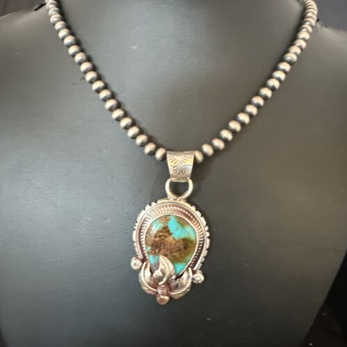 Navajo Blue Turquoise Pendant Necklace | Sterling Silver Pearls | Authentic Native American Handmade | 15655