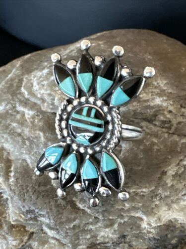 Zuni Blue Turquoise Black Onyx Sunface Inlay Ring | Sterling Silver | Sz 8 | 16432